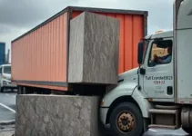 carreta carregada com bloco de granito