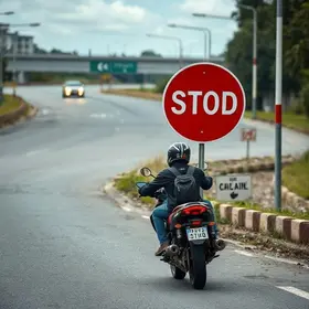 motociclista transportando placa de trânsito