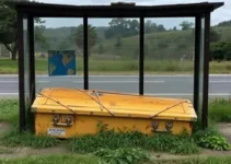 caixão abandonado em ponto de ônibus em Cachoeiro