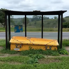 caixão abandonado em ponto de ônibus em Cachoeiro